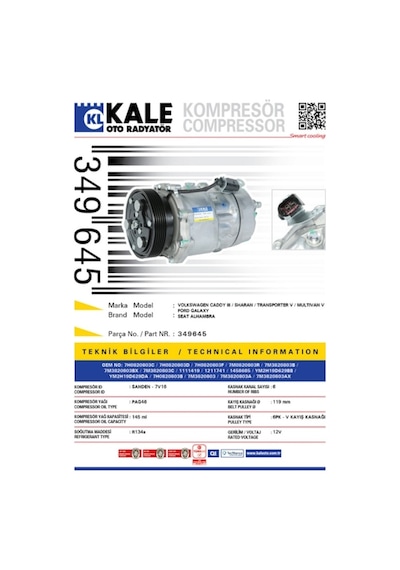 Klima Kompresörü Caddy 2005-2010 Galaxy 2000-2006 1.9Tdi 504646999