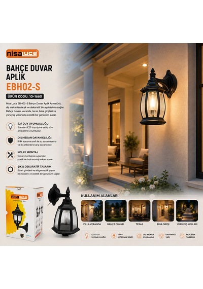E27 - Ip44 Siyah 60w Duvar Aplik Bahçe-balkon Sokak Lambası - Armatür Ebh02-s 5468 Çok Renkli