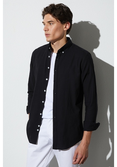Tudors Erkek Slim Fit Dar Kesim %100 Pamuk Keten Doku Düğmeli Yaka Siyah Gömlek-26926