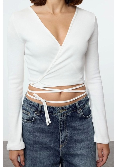 Ersefa Moda Kruvaze Örme Slim Düz Desen Casual Günlük Crop Uzun Kol Bluz Ekru