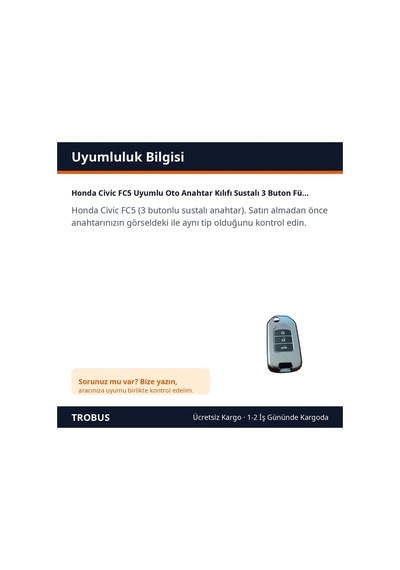 Trobus Honda Civic Fc5 Uyumlu Oto Anahtar Kılıfı Katlanır 3 Buton Füme
