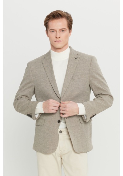 Premıum Altınyıldız Erkek Bej Yünlü Regular Fit Mono Yaka Kapak Cepli Armürlü Blazer Ceket