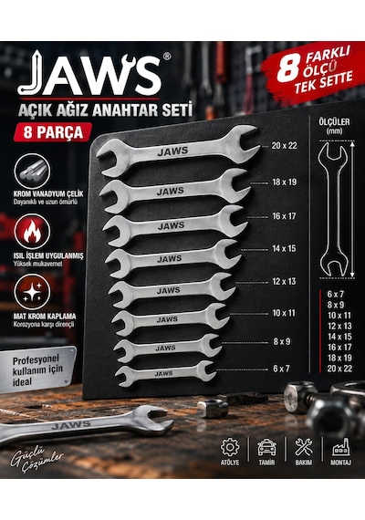 Jaws Açık Ağız Anahtar Takımı, 8 Parça Set, 6x7, 8x9, 10x11, 12x13, 14x15, 16x17, 18x19, 20x22 Mm, Isıl İşlem
