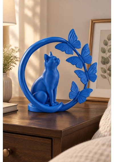 Kelebeklerle Çevrili Zarif Kedi Figürlü Dekoratif Biblo 74545229