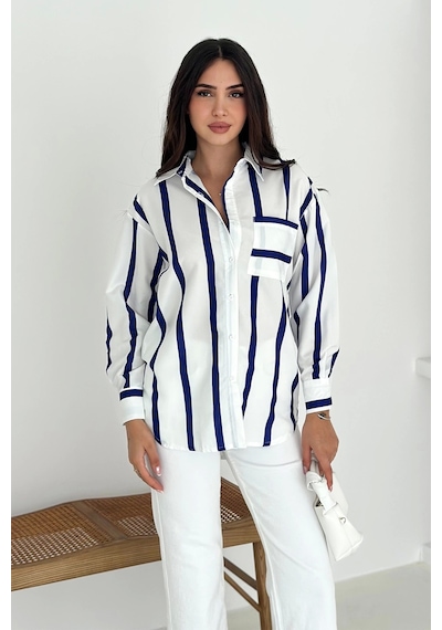 Asprin Fashion Kalın Lacivert Çizgili Gömlek Beyaz