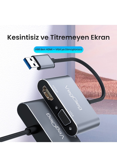 Veggieg Usb-a To 4k 30hz Hdmı Ve 1080p 60hz Vga Görüntü Çevirici Kablo