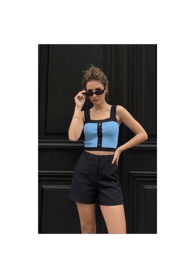 Onno Style Women Askılı Kolsuz Düğme Detaylı Triko Kadın Bluz Mavi