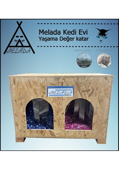 Melada Kedi Evi Dış Ortam Uygun Ahşap Kedi Evi Double Osb Minderli 61x41x36 Cm