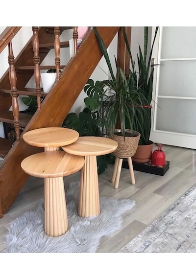 Simillo Wood Ahşap 3 Lü Set Fitilli Mantar Yan Sehpa Modern Fiskos / Çiçeklik / Zigon Sehpa Vernikli Ahşap