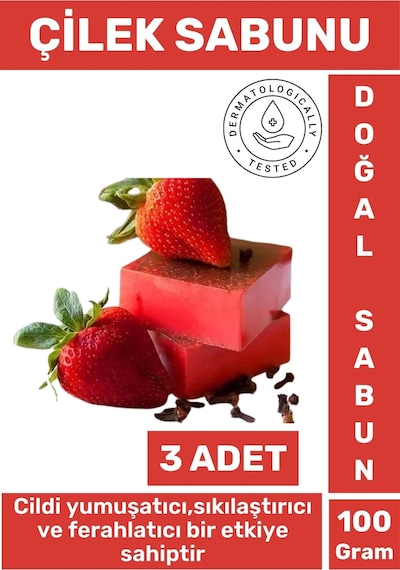 Doğal Güzel Kokulu Cilt Yumuşatıcı Ferahlatıcı Lekeli Kuru Cilt İçin Organik Çilek Sabunu 3 Adet