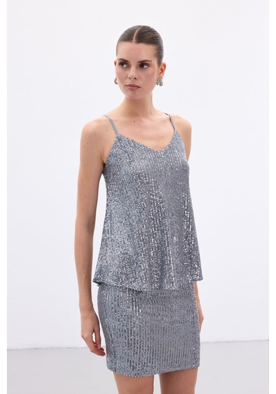 Sateen Payet Detaylı Askılı Bluz - Gri-136645 Gri Sateen Payet Detaylı Askılı Bluz - Gri-136645 Gri