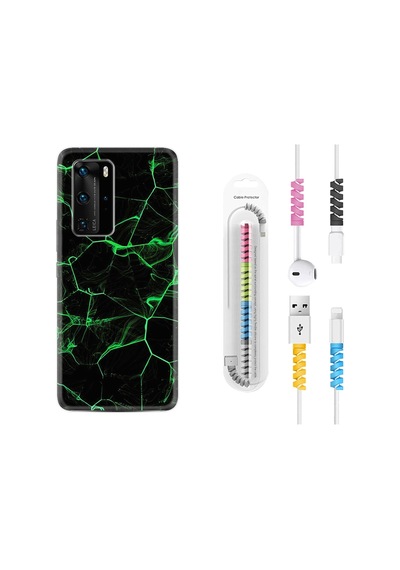 Huawei P40 Pro Kılıf Kablo Koruyuculu Yeşil Şerit Mermer 1320
