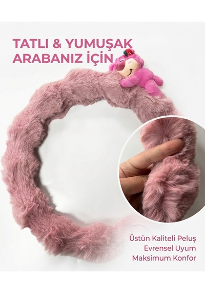Pembe Peluş Direksiyon Kılıfı Kadınlara Özel Tüylü Ayıcıklı Direksiyon Kılıfı