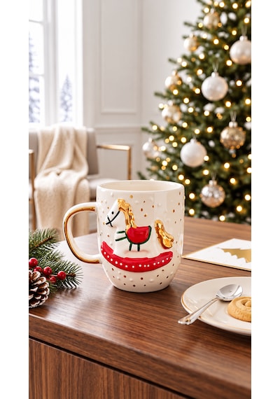 Atlı Karınca Seramik Mug 300 Ml El Yapımı 24k Altın Detaylı Yılbaşı Kupası Altın - Kırmızı