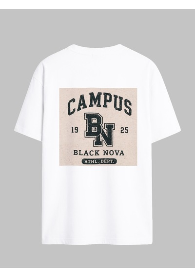 Black Nova Oversize Baskılı Unisex Tişört Nova Campus Beyaz