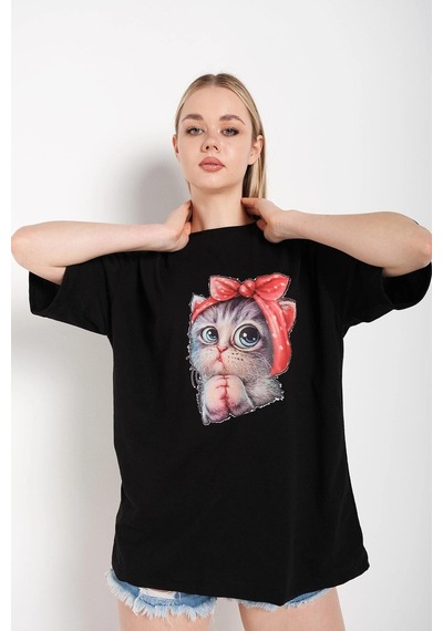 Startmore Kadın Siyah Kedi Baskılı Oversize Tişört Siyah
