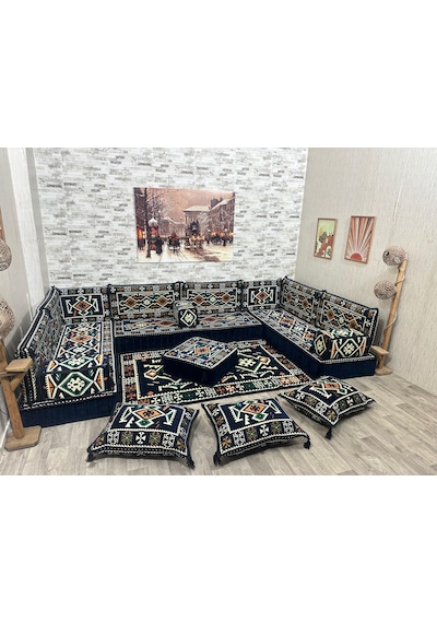 Coton Şark Köşesi Otantik Desenli Lüks Minder Takımı Konsept Lacivert