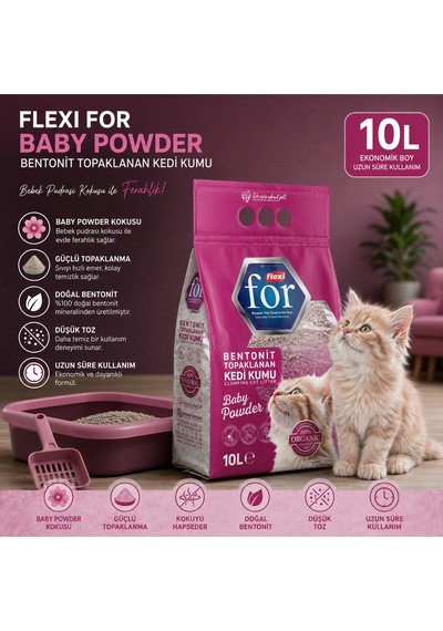Bebek Pudralı Bentonit Topaklanan Premium Kedi Kumu 10 L - İnce Taneli - Tozsuz