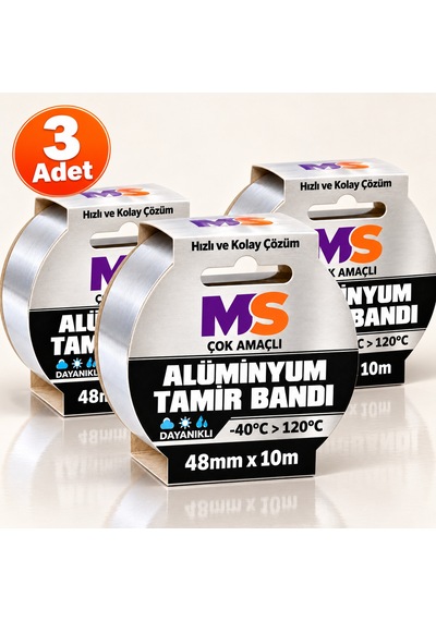 3 Adet Yapışkanlı Yanmaz Alüminyum Folyo Tamir Bandı 48 Mm X 10 Metre Dayanıklı Soba Borusu Bantı