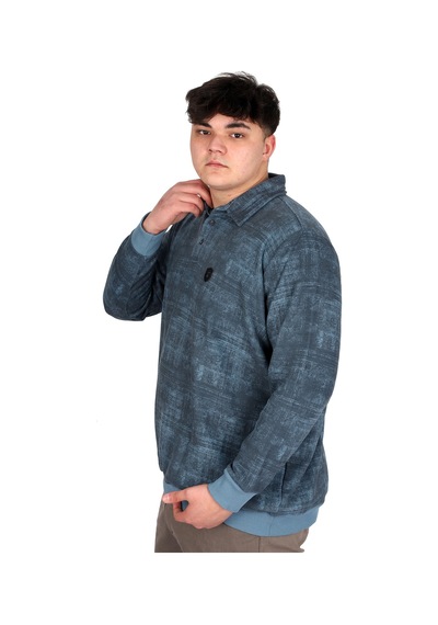 Mode Xl Büyük Beden Erkek Polo Yaka Sweatshirt Baskılı Selanik U24440 Mavi Mavi