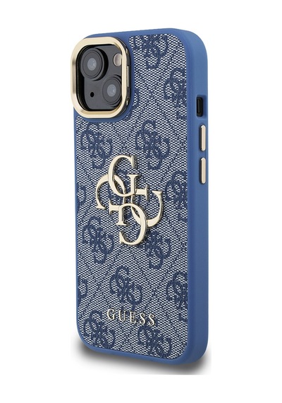 Apple iPhone 15 Uyumlu Kılıf Guess Lisanslı Metal 4g Ve Yazı Logolu Kamera Standlı Kapak Mavi