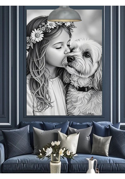 Kız Çocuğu Ve Köpek Dostluğu Sevimli Siyah Beyaz Dekoratif Kanvas - Mdf Ahşap Tablo
