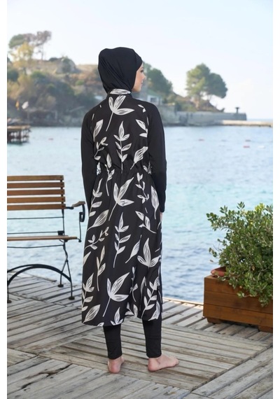 Estiva 25980 Siyah Dijital Desenli Tam Boy Lycralı Tesettür Mayo