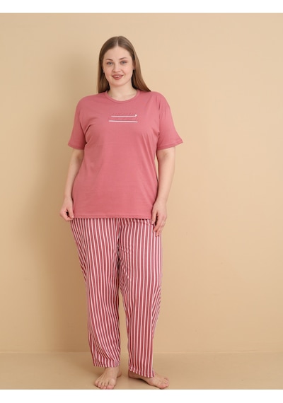 Wordex Mirano 4510 Çizgili Pijamalı Kısa Kollu Penye Büyük Beden Kadın Pijama Takımı GÜL KURUSU Wordex Mirano 4510 Çizgili Pijamalı Kısa Kollu Penye Büyük Beden Kadın Pijama Takımı GÜL KURUSU