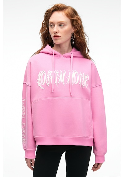 Grimelange ALIRAYNE Kadın Baskılı Oversize Kapüşonlu Kanguru Cep Pembe Sweatshirt