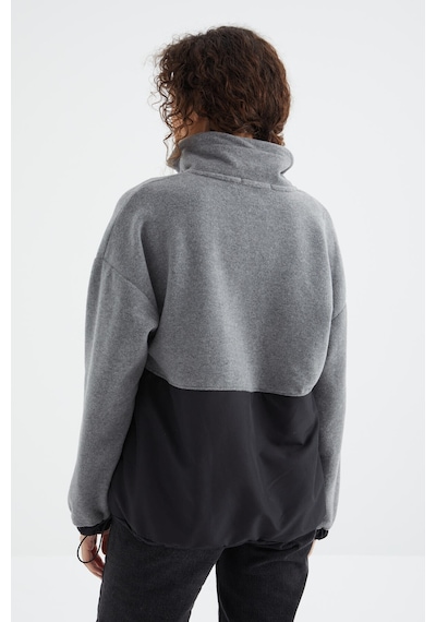 Tommy Life Gri Melanj Yarım Fermuar Etek Ucu Büzgülü Dik Yaka Oversize Kadın Polar Sweatshirt - 97236 Gri Melanj