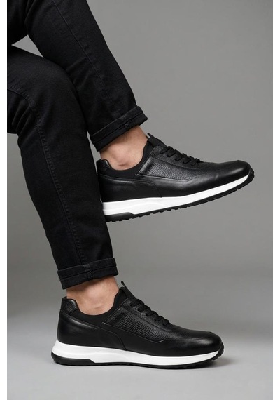 Papuçcity Pisagor 5736 Erkek Hakiki Deri Sneakers Spor Ayakkabı Siyah