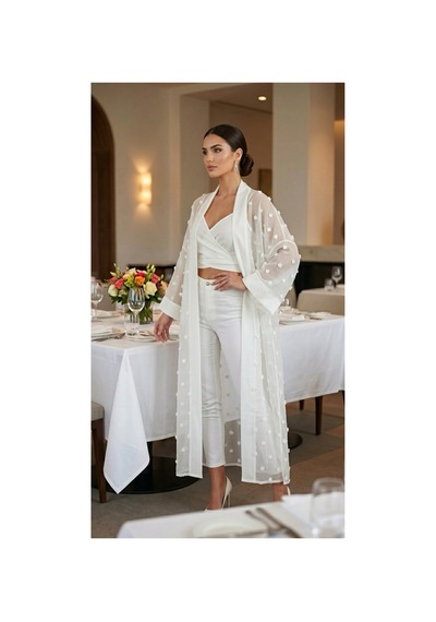 Lila Mare İpek Keten Kimono Abaya Beyaz Beyaz