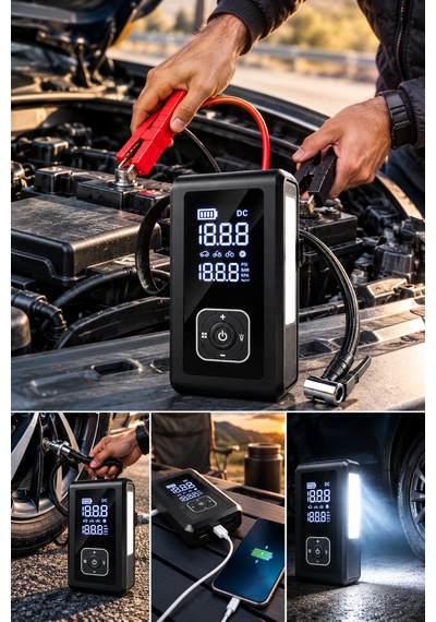 Akü Takviye Cihazı Ve Dijital Lastik Şişirme Kompresörü 10000 Mah 150 Psı 5 Fonksiyonlu Powerbank Led Fener