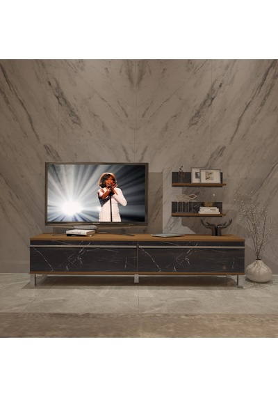 Decoraktiv Eko 4 Mdf Std Krom Ayaklı Tv Ünitesi Tv Sehpası Ceviz - Siyah Mermer