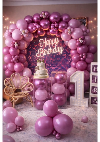 Krom Pembe Toz Pembe Ve Yaban Çileği Balon Zinciri 100 Adet Mix