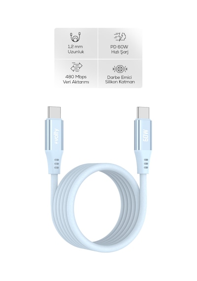 Type-c To Type-c Hızlı Şarj Kablosu 60w Pd, Ultra Esnek Silikon, 480mbps, 1.2m Mavi-v0201016