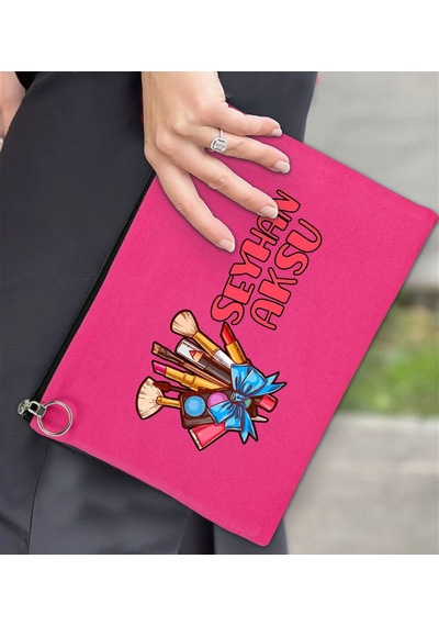 Bk Gift Kişiye Özel İsimli-3 Astarlı Fuşya Portföy Çanta 30x21cm, Baskılı El Çantası, Organizer Çanta