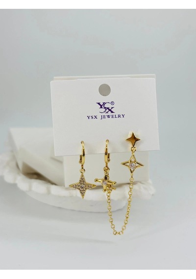 Zirkon Taşlı Pirinç Üçlü Kombin Küpe - Kp00545 Çok Renkli