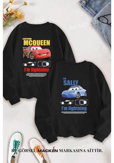 Macklin Sevgili Çift Kombin Şimşek Mcqueen Ve Sally Sırt Baskılı Bisiklet Yaka Sweatshirt 2li Set Takım Siyah Mck1330 Siyah