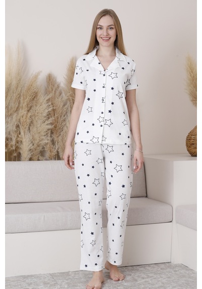 Wordex Mirano 6872 Kısa Kollu Yıldızlı Süprem Kumaş Düğmeli Kadın Pijama Takımı Beyaz