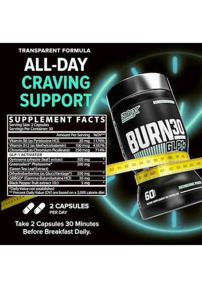 Nutrex Burn30 Glp-1 Carnitine Super Berberine Weight Management Appetite Control Gymnema Sylvestre 6 Aromasız