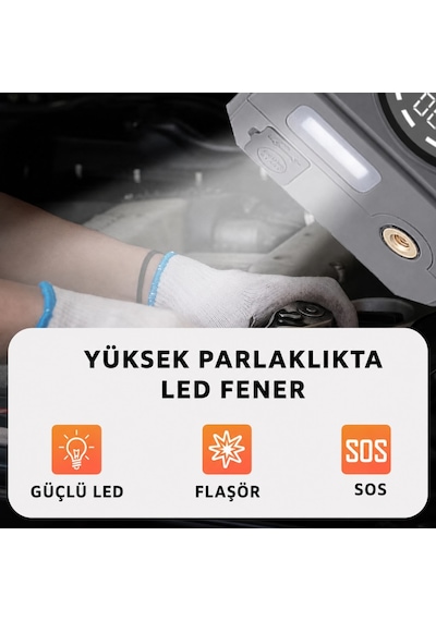 4-in-1 16000mah Akü Takviye Cihazı 150 Psı Kompresör Powerbank Lcd Ekran Led Fener Eva Çanta 2000a Tepe Akım