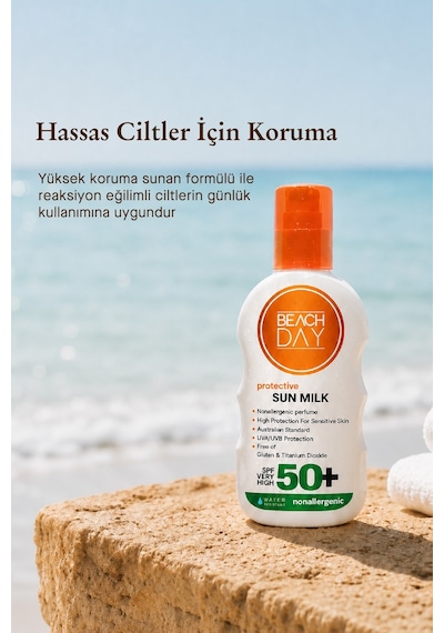 Beach Day Hassas Ciltler için Yüksek Koruyucu Güneş Sütü SPF50+ 150 ML