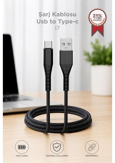 Delux Serisi Taşınabilir Elektronik Teknoloji Şarj Kablosu Usb-a To Type-c İ7 03210 Siyah