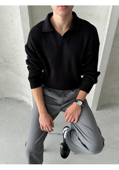 Erkek Polo Yaka Örme Oversize Kazak Siyah
