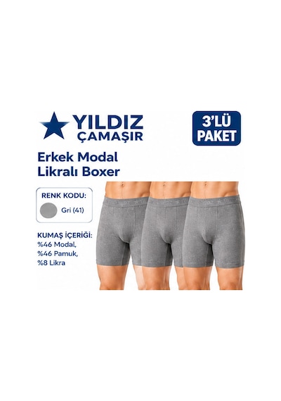 Yıldız Çamaşır Erkek Modal Likralı Boxer 36-37-38-39-40-41-42 - 3 Adet Gri