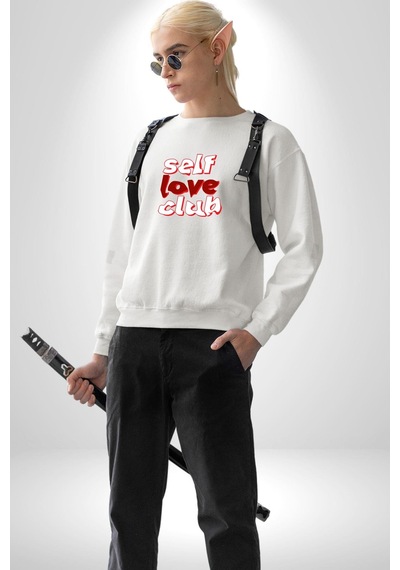 Kendini Sevme Kulübü Sokak Stili Unisex Beyaz Sweatshirt Beyaz