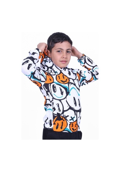Panios Kids Emoji Desenli Kapüşonlu Unisex Sweatshirt 2 İplik Turuncu