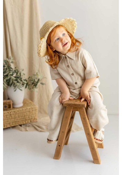 Oliven The Kid Oliventhekid Bej Naturel Keten Önden Düğmeli Beli Pileli Kısa Kol Kız Çocuk Tulum Bej Bej