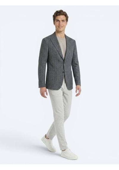 Kip Petrol Çizgili Modern Fit Keten Karışımlı Ceket